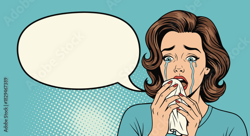 Woman crying with a tissue and a blank speech bubble in a pop art style.