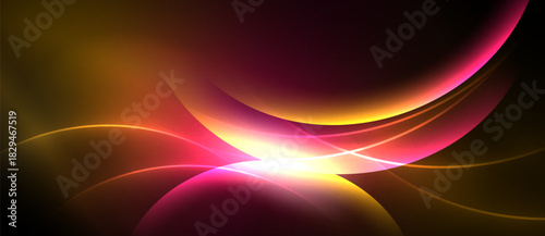 Abstract design features flowing curves, vibrant colors. Warm tones blend into cool shades, creating dynamic visual effect. Light radiates from center.