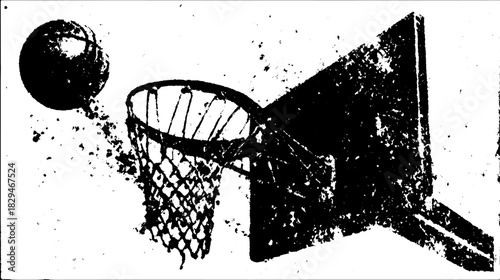 Basketball hoop with glass backboard and ball in motion. Simple vector illustration depicting sports action and athletic equipment set.