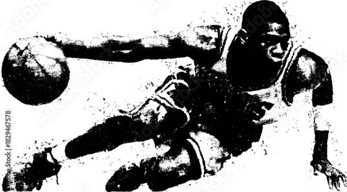 Basketball player in action on the court. Simple black and white vector illustration showcasing athletic movement and technique in a dynamic set.