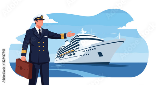A ship captain in uniform stands with a briefcase, gesturing towards a large cruise ship on the water.