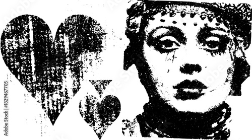 Black and white heart and face illustration in vintage style. Distressed texture adds artistic flair to the vector set.