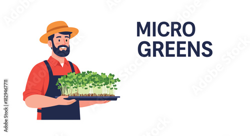 Illustration of a farmer holding a tray of microgreens with the text \.