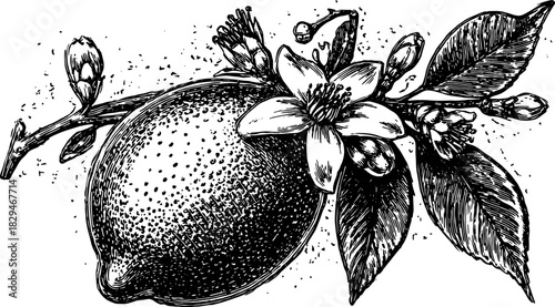 Vintage engraving illustration of a lemon with flowers on a branch. Detailed line drawing in black and white vector set.