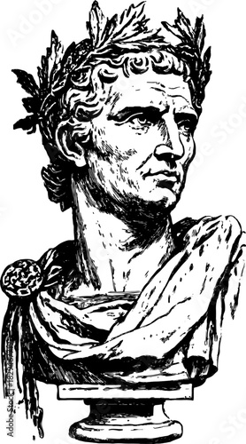 Roman emperor bust sculpture with detailed expression. Monochrome vector illustration in classical style, showcasing historical craftsmanship.