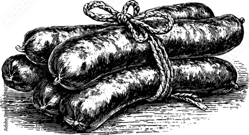 Vintage engraving of sausages tied with rope. Detailed hand-drawn vector illustration showcasing classic meat products.