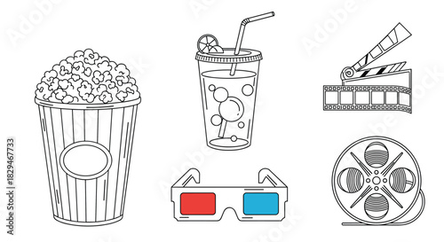 Line art illustrations of movie-themed items including popcorn, a drink, 3D glasses, a clapperboard, and a film reel.