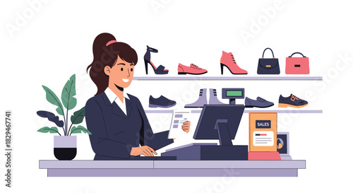 A female store employee wearing a suit works at a cash register with shoes and handbags displayed on shelves.