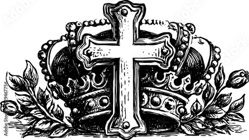 Ornate royal crown with a Christian cross vector illustration. A decorative set featuring elegant floral elements and intricate designs.