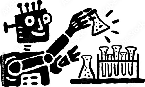 Cartoon robot conducting a science experiment in a laboratory. Black and white vector illustration featuring a bottle and test tubes in a creative design.