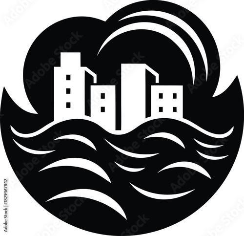 City skyline threatened by a large ocean wave symbolizing flooding and disaster