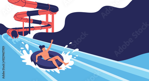 Person enjoying a thrilling ride down a water slide on an inflatable tube, splashing water.