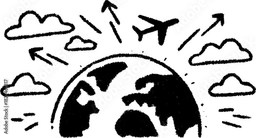 Globe with airplane and clouds in a hand-drawn style. Travel vector illustration featuring a simple sketch design.