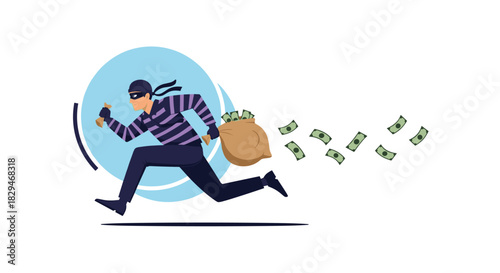 A cartoon illustration of a masked thief in a striped shirt running with a bag of money and money flying away.