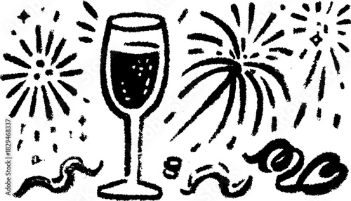 Champagne glass with fireworks and sparkles. Black and white celebratory vector illustration set for festive occasions.