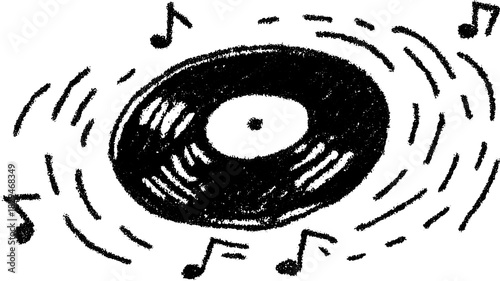 Vinyl record spinning with musical sound notes. Simple, flat design vector illustration isolated on a white background.