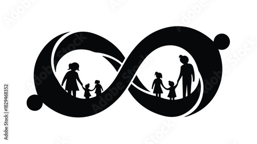 Family love and connection endlessly symbolized by a black infinity loop with silhouettes of parents and children.