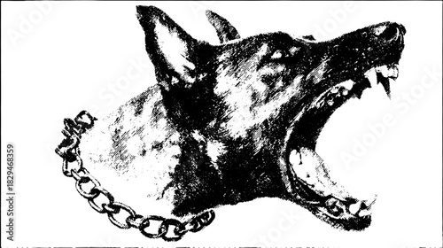 Dog head illustration showing an aggressive jaw and bark. Detailed vector illustration in black and white with a fierce style.