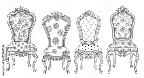 Collection of four ornate chairs with intricate floral and tufted upholstery.