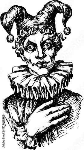 Vintage clown character in black and white. Detailed illustration shows a traditional jester in costume with ruffed collar and expressive hand gesture, vector.
