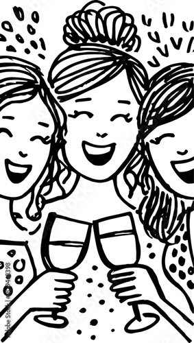 Hand-drawn silhouette of three smiling women raising glasses. This vector illustration captures a festive celebration set in outline style.