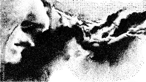 Engraving print in vintage style. Black and white vector illustration featuring detailed stipple technique and hand-drawn outline elements.