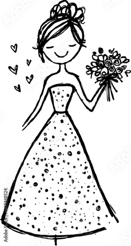 Hand-drawn bride in a dress holding a bouquet. Simple outline illustration with charming details. This vector art captures moments of love.