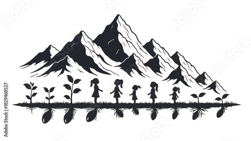 Stages of growth from seed to mountain peak, symbolizing life's journey and development