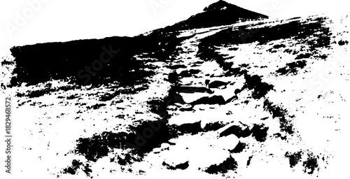 Engraving of a rocky pathway leading to a hill. Vintage vector illustration featuring a black and white landscape set.