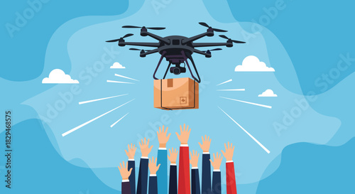 Drone delivery service drops package to eager crowd with hands raised in anticipation.