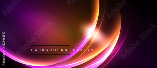 Vibrant abstract background. Smooth curves blend purple, orange, white hues. Modern design evokes energy, motion, light effects.
