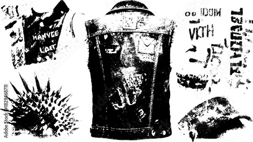 Engraving print in vintage style, showcasing silhouettes and outlines. This black-and-white vector illustration emphasizes antique design elements in a set.