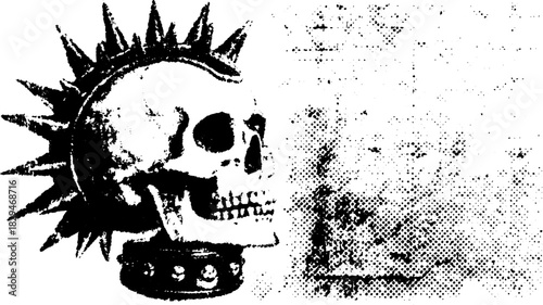 Skull with spikes in an antique engraving style. Vintage black and white vector illustration featuring detailed outline and stipple techniques in a dramatic set.