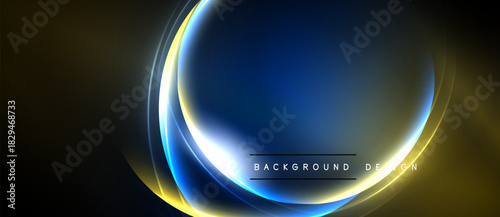 Dark background features glowing circular layers. Gold, blue hues create dynamic visual effect. Text reads background design. Simple, modern aesthetic.