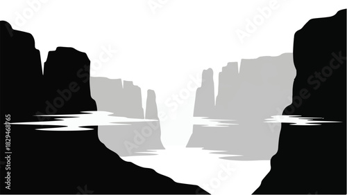 Serene canyon landscape with reflective water and dramatic rock formations