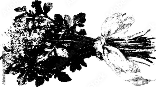 Flower bouquet engraving in vintage style. Black and white vector illustration featuring detailed botanical design as a floral decoration set.
