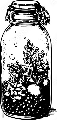 Vintage jar containing plants illustration. This detailed line art showcases a beautiful nature-themed set in vector format.