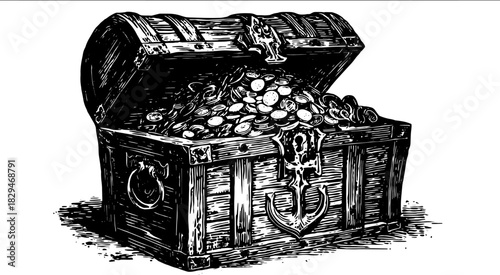 Vintage treasure chest filled with coins. Detailed vector illustration in black and white, showcasing ornate design and classic elements in a set.