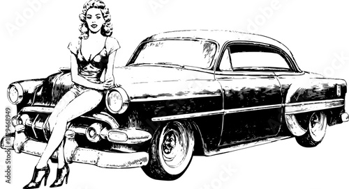Vintage car illustration with a woman, capturing retro style in monochrome lines. This classic vector art showcases automotive detailing in a stylish set.