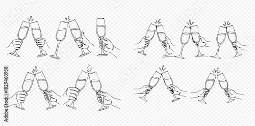 Hand-drawn sketches of hands holding and clinking champagne flutes, depicting celebration and toasts in a simple line art style.
