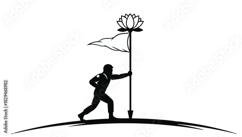 Silhouette of a person running with a flag and lotus flower, symbolizing progress and enlightenment.