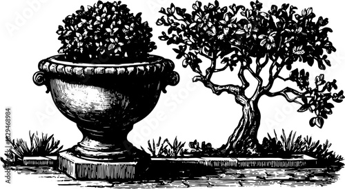 Bonsai tree illustration in vintage style. Engraving of ornamental flora in a pot, showcasing intricate details in a vector art set.