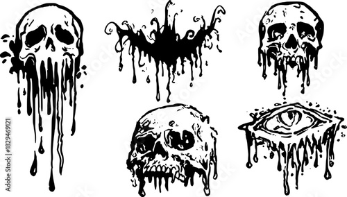 Vintage illustration featuring dripping skulls in black and white. This graphic set includes line drawings, including an eye design in vector format.