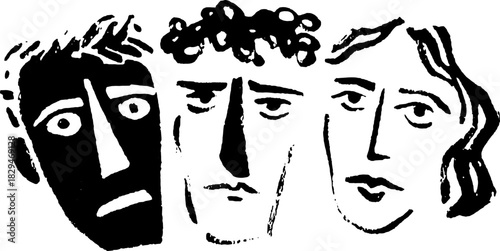 Minimalist faces in a black and white illustration. Modern design with visual expression, ideal for vector art set.
