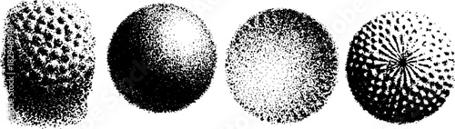 Vector illustration of spheres in various shapes and textures. Minimal black and white design showcasing modern abstract art in a set.