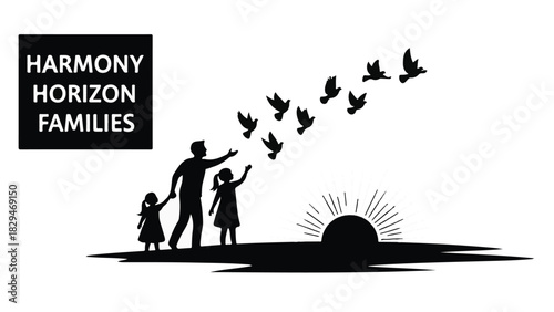 Father and children releasing birds towards a bright sunrise, symbolizing hope and freedom