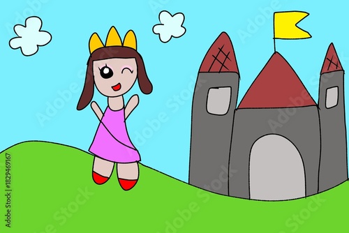 Obraz na plátně A little girl draws a princess and her castle