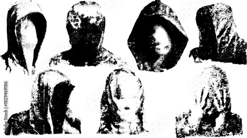 Engravings featuring hooded figures in a vintage line drawing style. Black and white graphic illustration set conveying mystery.