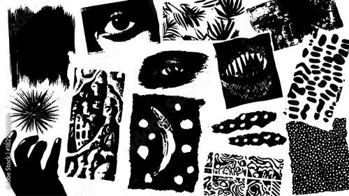 Abstract black and white patterns and textures in a diverse set of shapes. Unique vector illustration featuring hand-drawn elements and eye graphics.