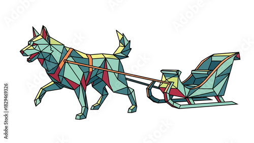 Geometric dog pulling sled in winter wonderland, perfect for holiday cards and festive designs, a modern and unique colorful graphic illustration art design